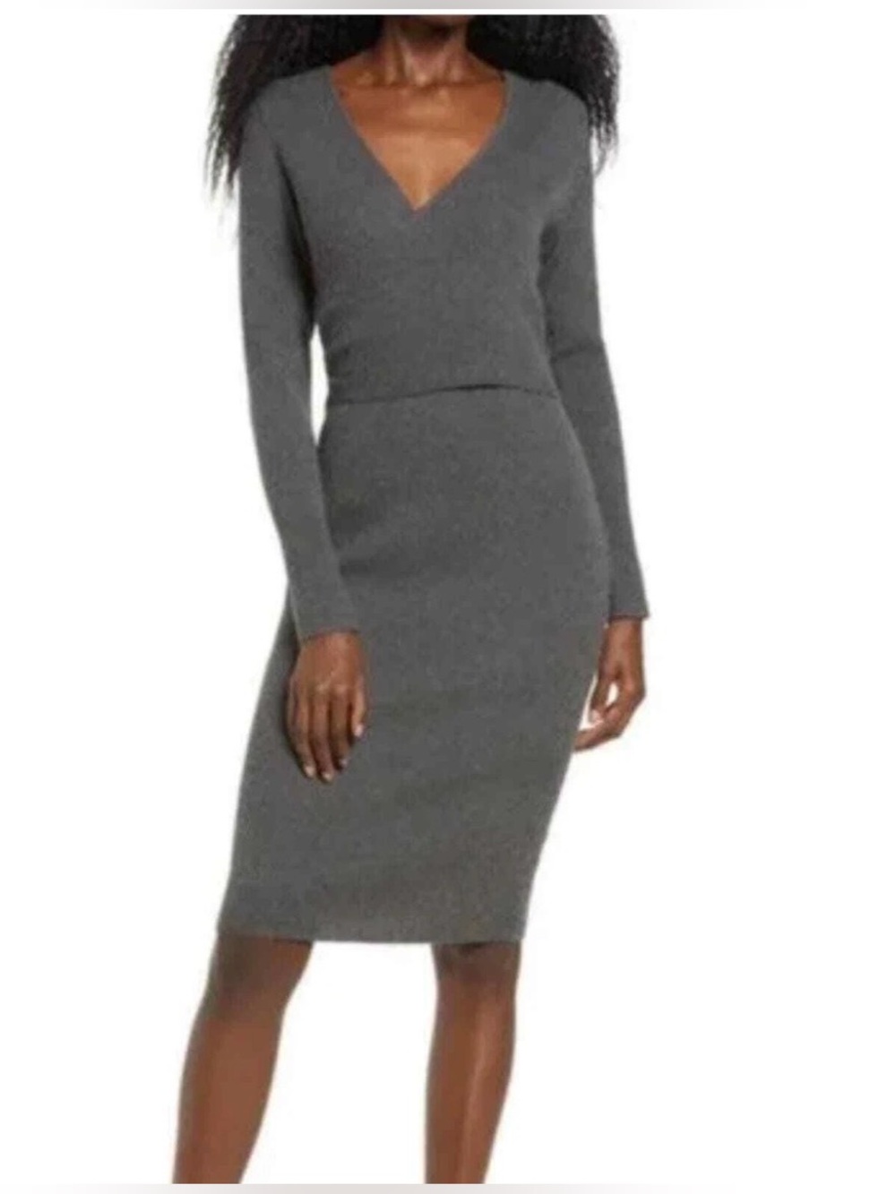 Leith Wrap It Up V-Neck Long Sleeve Knit Sheath Dress - Gray Small